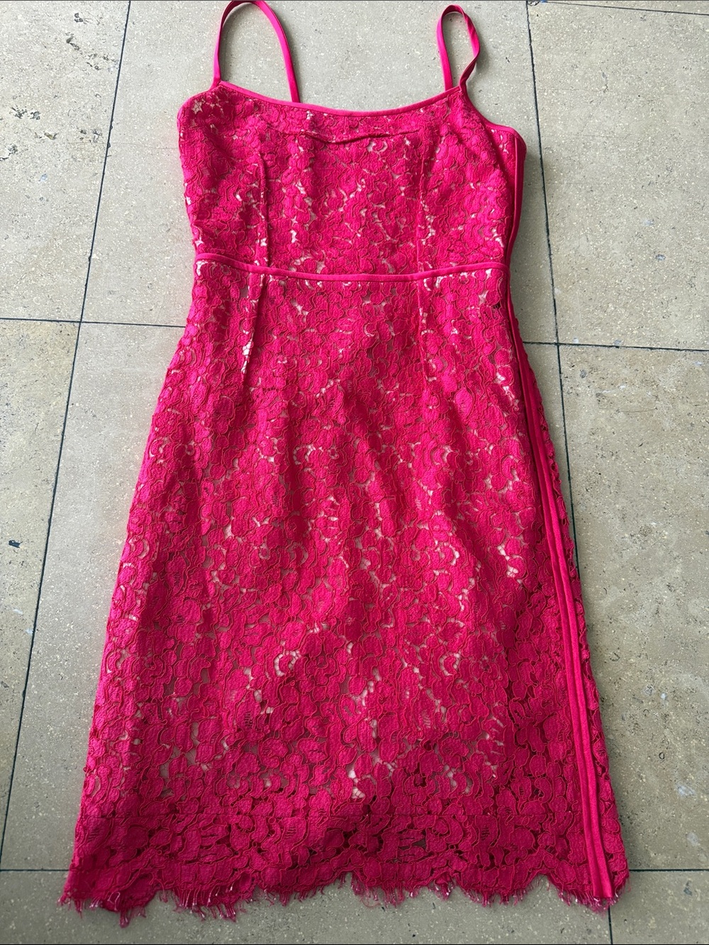 Michael Kors Collection Hot Red Lace Midi Dress with Spaghetti Straps